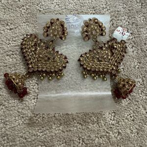 Gold & Red Heart Jhumka Indian Earrings –Traditional Jewelry